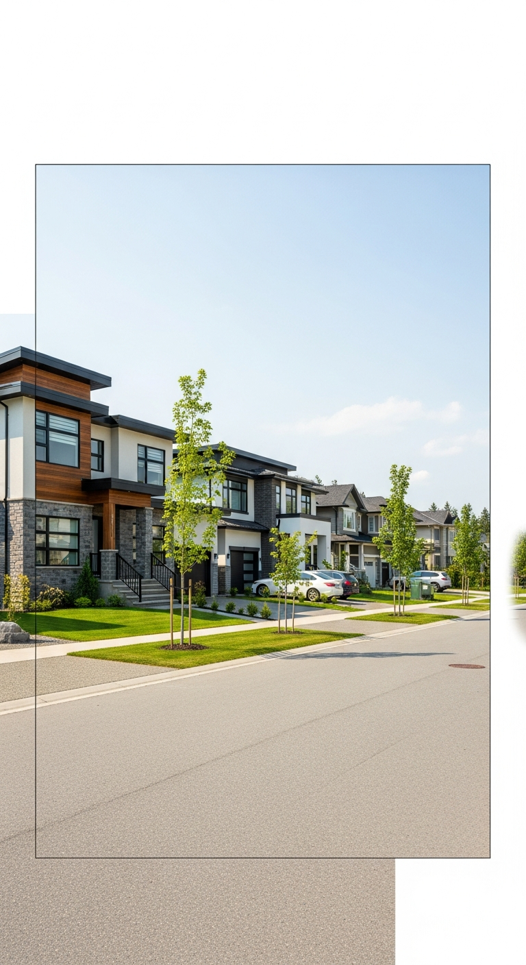 AI_IMAGE: A contained, rectangular photograph of a modern North American residential street, daytime, clear skies, architectural precision, no people, acting as documentary evidence | photorealistic | portrait