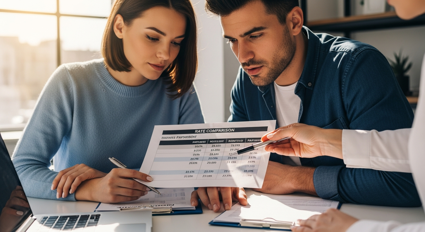 AI_IMAGE: Close-up of a young couple reviewing mortgage documents at a clean white desk with a financial advisor's hands pointing at a rate comparison chart, natural window light, warm and reassuring mood | photorealistic | 16:9