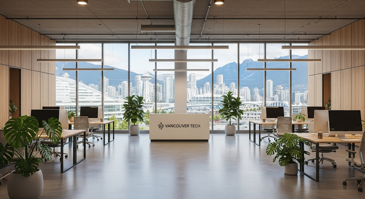 AI_IMAGE: Interior of a modern open-plan commercial office space in Vancouver with floor-to-ceiling windows showing a city view, polished concrete floors, natural wood accents, warm overhead lighting, a few desks and plants, clean professional atmosphere | photorealistic | 16:9
