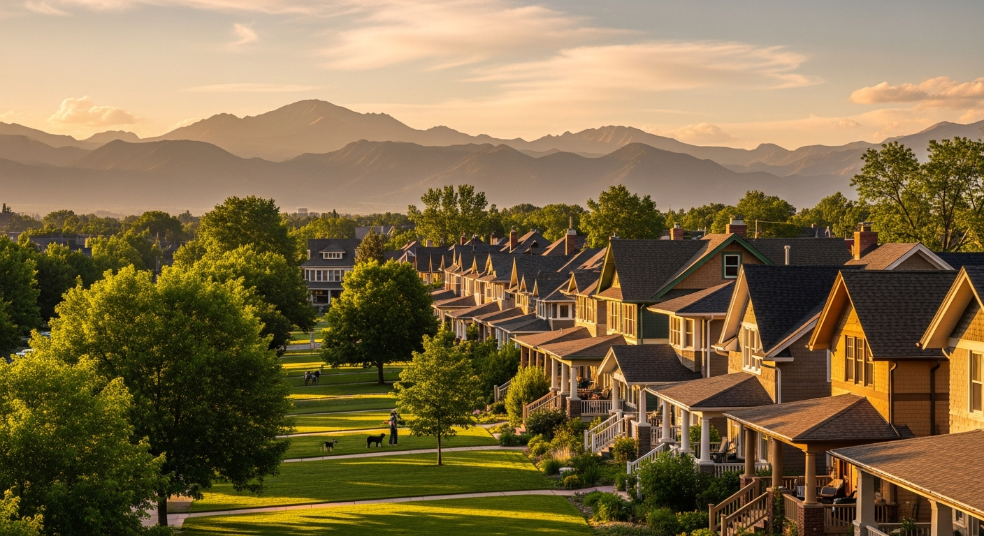 AI_IMAGE: Panoramic view of Denver's residential neighborhoods at golden hour with rows of craftsman-style homes, green lawns, and the Front Range mountains in soft focus behind, warm natural light | photorealistic | 16:9